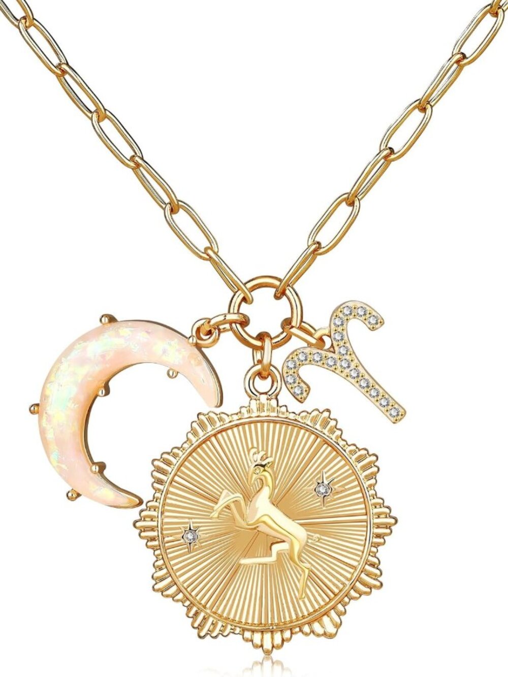 Dainty Gold Zodiac Coin Necklace with Opal Moon Charm | Astrology Jewelry Gift